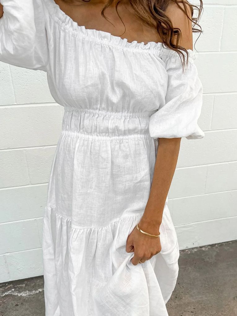 Women's Graceful And Fashionable Off-neck Cotton Puff Sleeve Dress