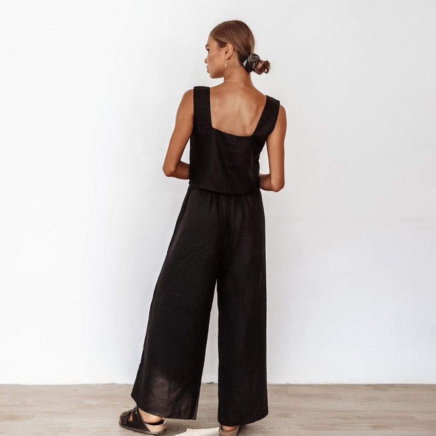 French Loose Casual Wide Leg Pants Square Neck Vest Set